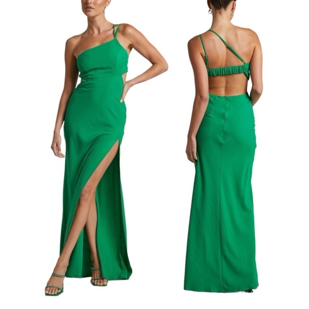 NEW Showpo Medea One Shoulder High Leg Slit Cutout Open Back Maxi Dress Green XS